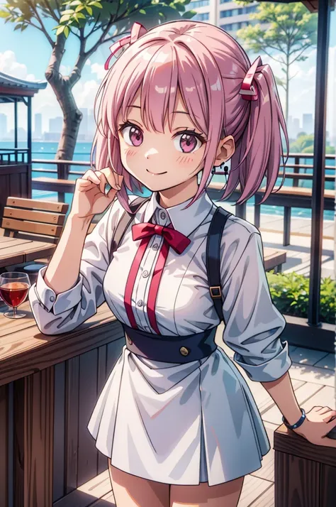 (masterpiece, ultra-detailed, best quality, clear focus, dramatic scene), (ultra-high resolution, 8k), perfect anatomy, perfect face, (detailed face, detailed eye), 20 years old beautiful Japanese girl, (she is working as a waitress at a roof top bar in th...