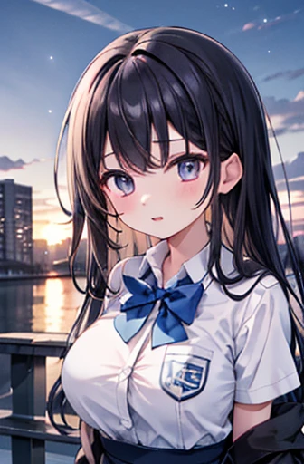 {masterpiece}, {Best Quality},1 girl,School_uniform,sunset,Large Breasts、 black long hair、