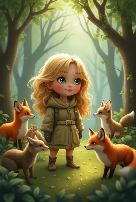 create an image with:  a blonde girl with big hair and blue eyes watching foxes, Felines and nature 
