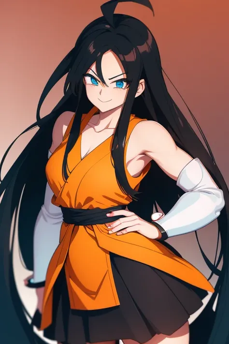 Saiyan girl, beautiful, steong and thin, with long black hair. Wearing Saiyan armor with a miniskirt. Powering up with a smile. Dragonball Kamis lookout background. Akira Toriyama anime style.