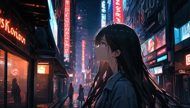 Gazing into the distance,City,Neon sign,  Black Hair , Long Hair,Late Night, I&#39;Leaning on the balcony、Stargazing, Wearing a tight black T-shirt and jeans, barefoot, I can see that the light in the room is leaking out a little., Unusual Face, Good Looki...