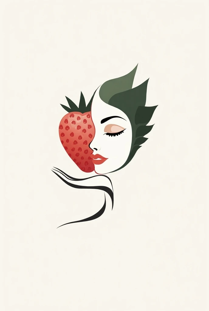 Logo art combining a womans face and strawberry, simplified, minimalism