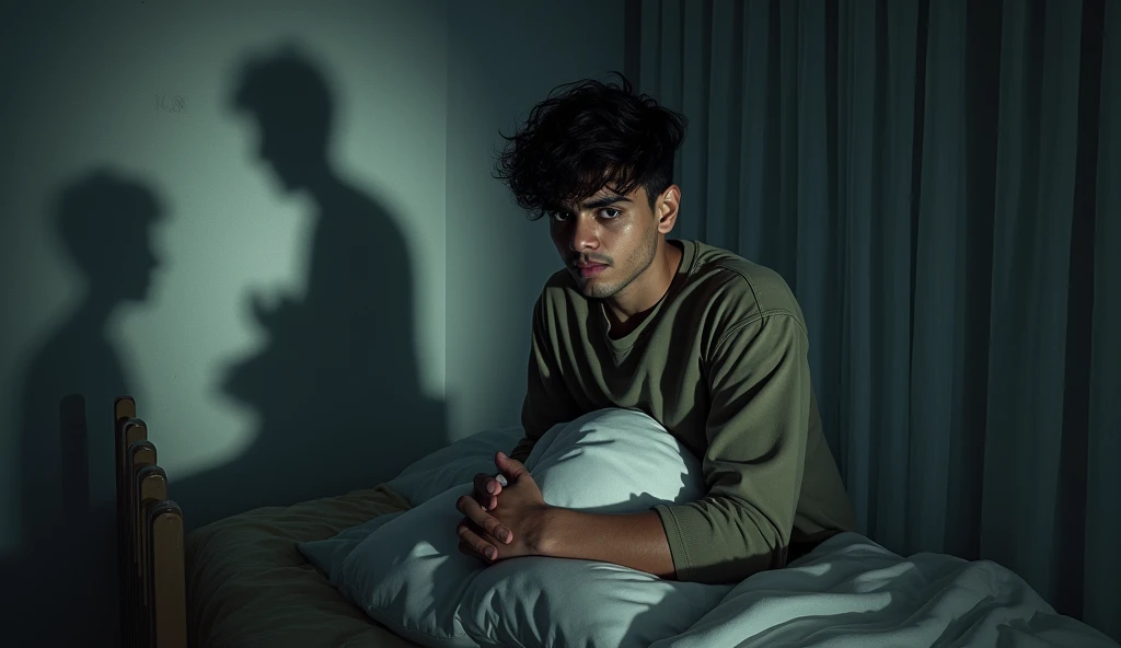 Tushar standing in his room, gazing in horror at dark shadows moving across the wall, his heart racing as he clutches his pillow tightly.