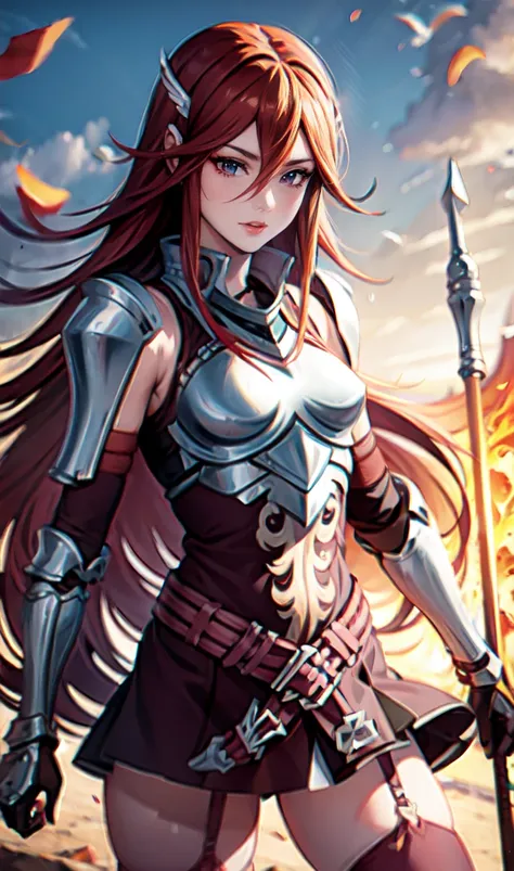 breastplate, elbow armor, both arms, two arms, perfect arms, 1girl, solo, red hair, armor, red skirt, long hair, messy hair, cor...