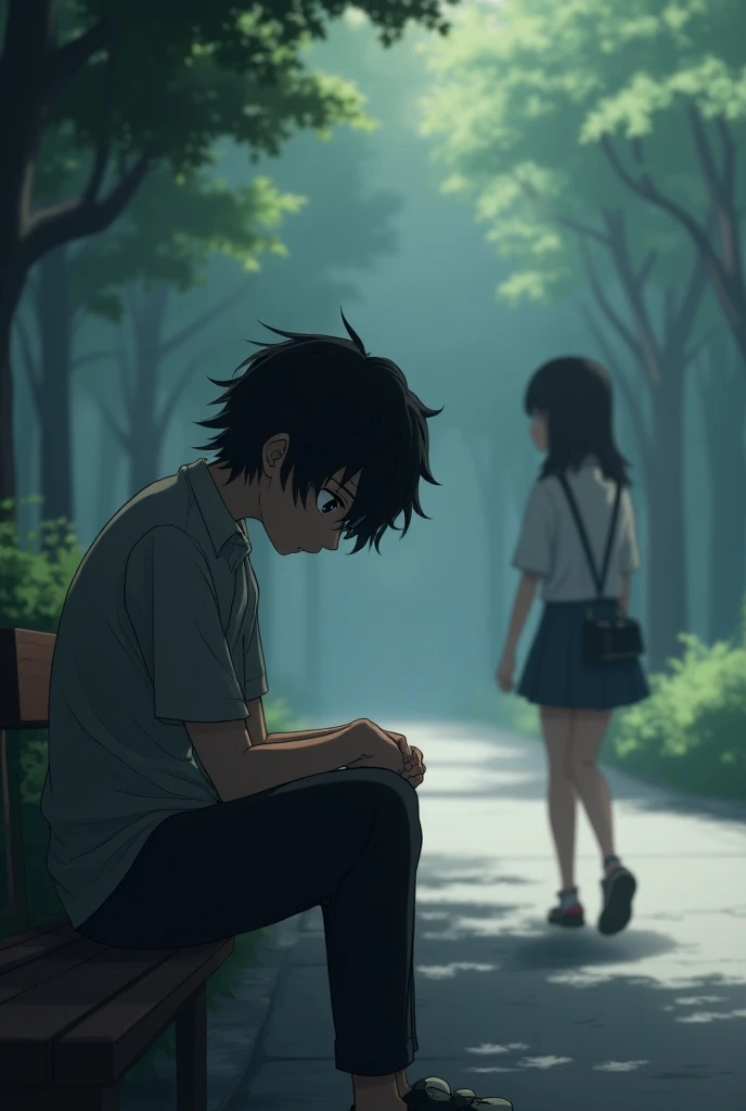 ole is sitting on the bench, knees pulled up to his chest, looking down with a troubled expression. His hair is messy, and he looks exhausted. Rin is walking towards him from the background, her expression curious but calm. make in anime style