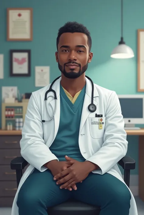 60-year-old Black Doctor , with dark hair, no beard,  sitting in his chair at his doctors office, 
