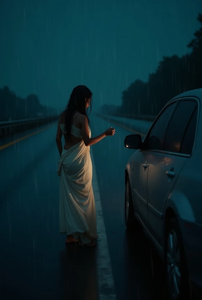 A car stopped on the highway at night, with a man leaning out of the car window talking to a drenched woman in a white sari. The womans face is still shadowed, only visible through the dim light, and she nods slightly, remaining silent. Rain continues to p...