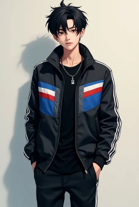 Create an image of a 21 year old man, with black hair,  a black jacket and pants with white stripes, blue and red 