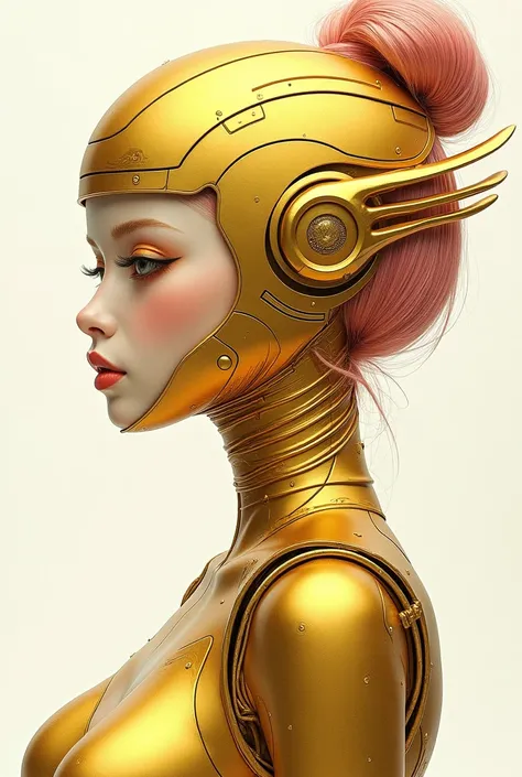 ((best quality)), ((masterpiece)), (detailed), perfect face of cyberpunk mecha japanese girl, shiny gold eyes, shiny gold body, shiny gold hair, ((monochromatic metallic gold color palette)), surreal, art nouveau, in the illustrative style of moebius, spac...