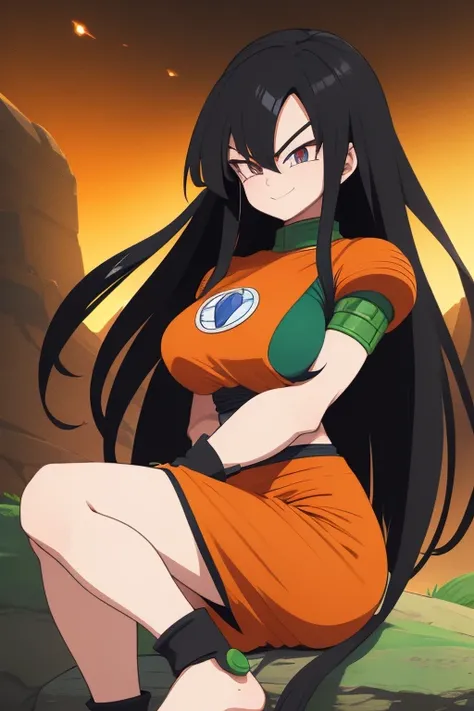 Saiyan girl, beautiful, strong and thin, with long black hair. Wearing Saiyan armor. Powering up with a smile. Dragonball planet Namek background. Akira Toriyama anime style.