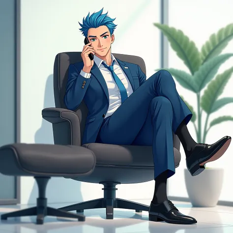 male、1 person、 A cool young man with plenty of room for adults 、Clear face like the main character 、Smiling brightly and refreshingly、 wearing a slim silk three-piece suit with a dark ultramarine blue luster 、 they wear a blue tie and the suit is tight 、Bl...