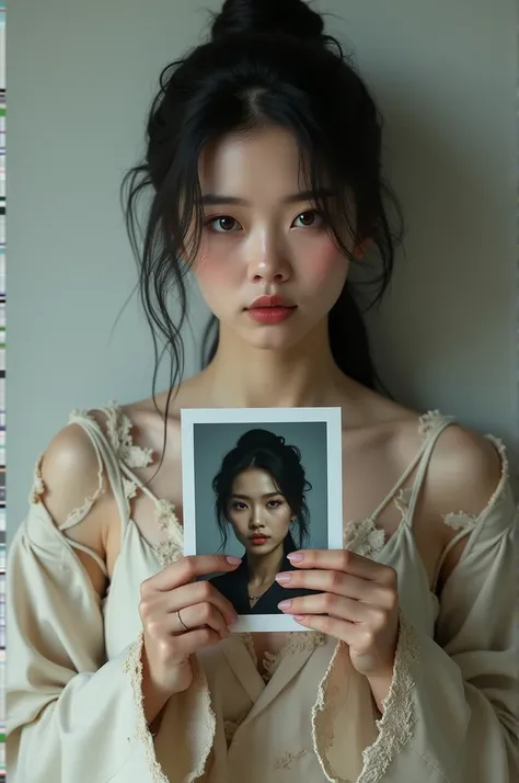 Femme photo realiste chinoise vêtements déchiré avec une photo de Lucas chevalme dans ses mains 