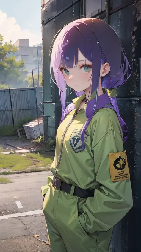 Jumpsuit girl, Chernobyl Exclusion Zone, S.T.a.and others.hair.and.r,  Purple Hair, green eyes, Scar above left eyebrow, Unarmed, Five fingers on the left hand, Five fingers on the right hand, sad.