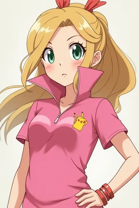 Anime Pokemon Trainer Princess, Zelda wearing a Pink Polo with a Massive Popped Collar thats taller than her head