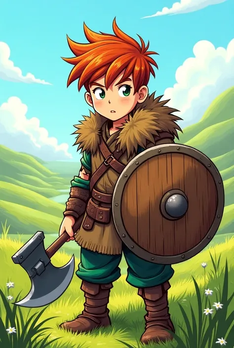  Manga cartoon of a  Viking boy, with long hair, roasted and brown, holding an axe and a Viking shield in a green meadow