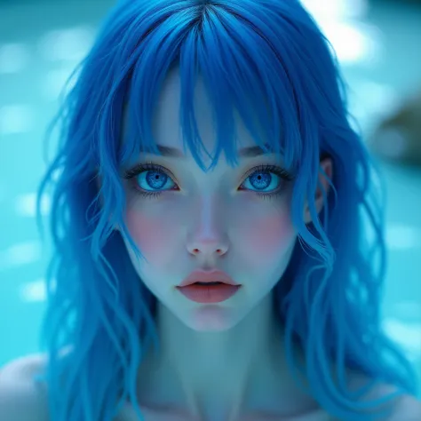 Blue eyes,  Water line ,  cheek between eyes , Blue hair, 