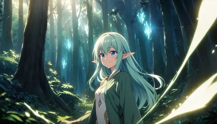 masterpiece、1 Elf Girl, Long Hair, blue eyes,  Dark Elf Girl , Elven clothing, CG, Talk to Forest Spirits,smile,Light effects,Deep Magical Forest 、morning