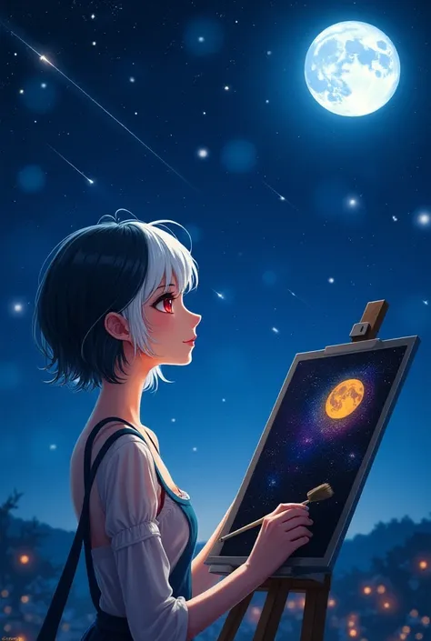 Woman, anime, short haired, hair color on the right is white the left is black , red eyes, dressed painter . 
 At night I was painting the full moon and shooting stars. 