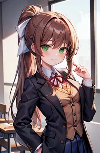 (masterpiece), Best Quality, Expressive eyes,  perfect face,  High Resolution , ddlcmonics, Short bangs, Brown Hair, (green eyes:1.5), Long Hair,  ponytail, ribbon, White ribbon, hair ribbon, Side Lock, black Thigh length, blue skirt, brown  jacket,  jacke...