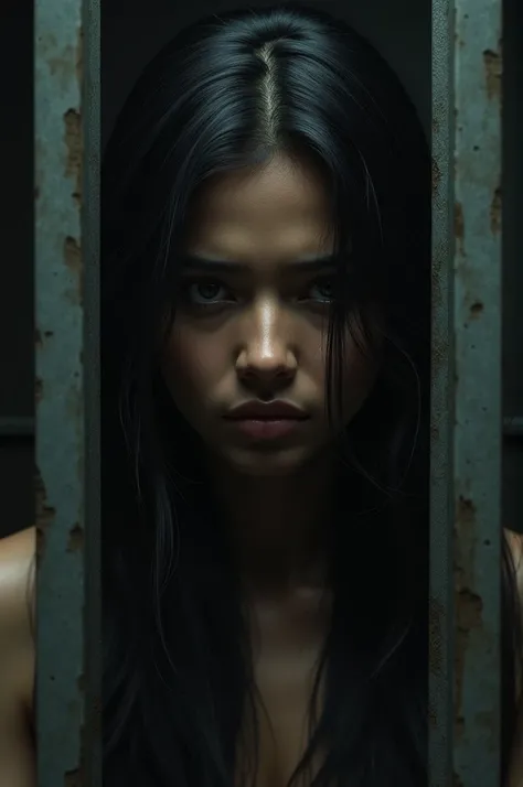 Long-haired Indian sad and imprisoned behind bars