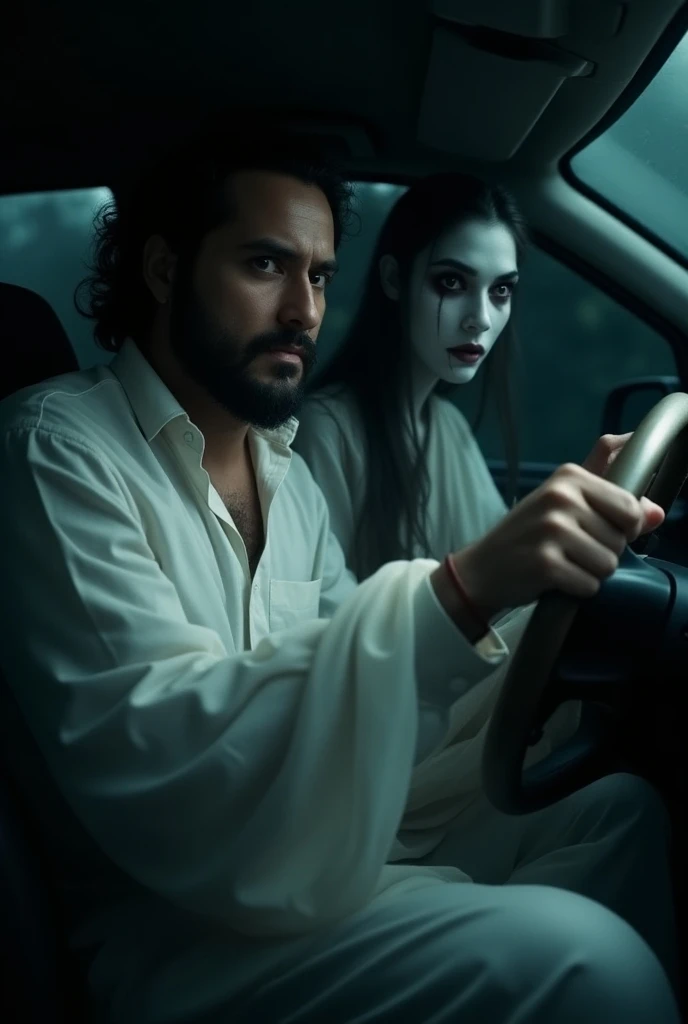 A close-up of a man in a car, his face frozen in fear as a cold, ghostly hand rests on his shoulder. Next to him sits the woman in the white sari, her dead, hollow eyes staring directly at him, her presence terrifying and unnatural.