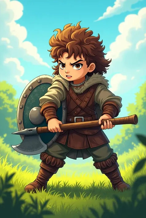  Manga cartoon of a  Viking boy, with long curly brown hair, holding an axe and a Viking shield in a green meadow in an attacking position