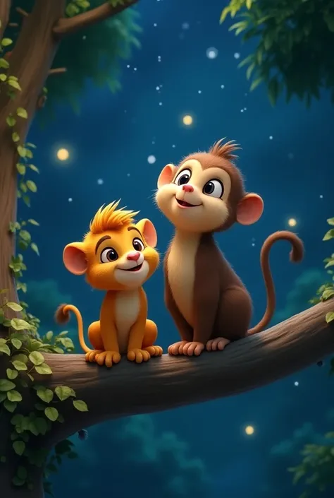  Leo a small and sweet little lion and Bia a curious and sweet little monkey .They are on a tree branch together with an old owl wise and wise together on a branch, looking up at the starry sky with happy expressions .  Disney 3D style cheerful and vibrant...