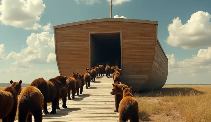 image showing bears lined up two by two; horses lined up two by two;  climbing a wooden ramp that leads to a large opening in the center of the side of a large wooden boat based on the definition of Noahs ark; the boat is on dry land where it was built; th...