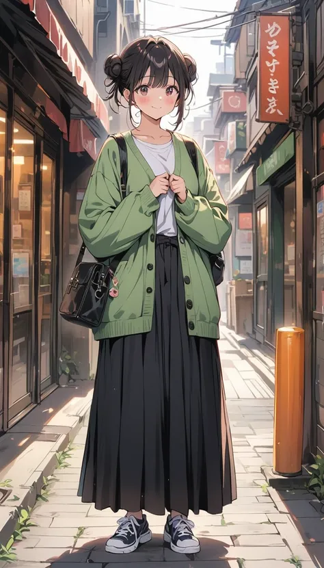 Adult women　Beauty　Bun Hair　 Black Hair 　Tall　smile　blush　Embarrassed　 green cardigan　 check long skirt　Small Bag　Around town　Photograph the whole body　sneakers