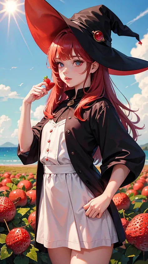 A small new witch, a small magical doll, from the edge of a white pointed triangular hat, a red-haired semi-sovage glitters in the sun, a large brown drooping eye with a round face and cute wild strawberry-like lips.