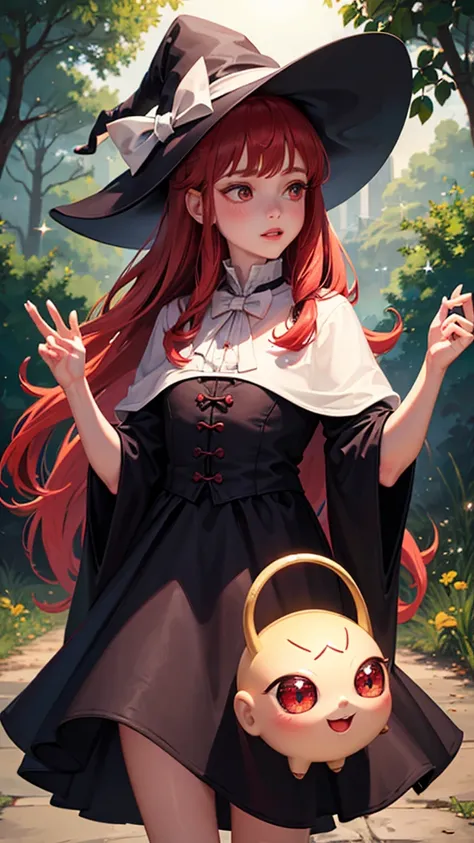 A small new witch, a small magical doll, from the edge of a white pointed triangular hat, a red-haired semi-sovage glitters in the sun, a large brown drooping eye with a round face and cute wild strawberry-like lips.