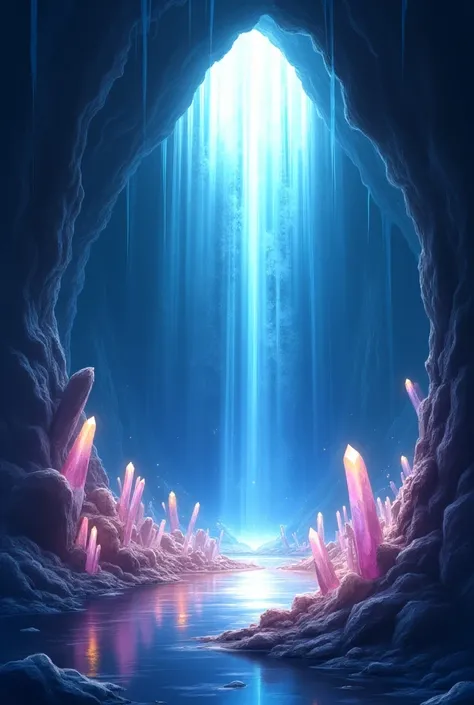 (Best Quality,Very detailed depiction, Incredible High Resolution,High quality anime drawings),Underworld,Deep in the cave, Caves Made of Crystals , Lots of Shining Crystals ,Iridescent glow,Iridescent Crystals , Sunlight Shining Through the Ceiling ,