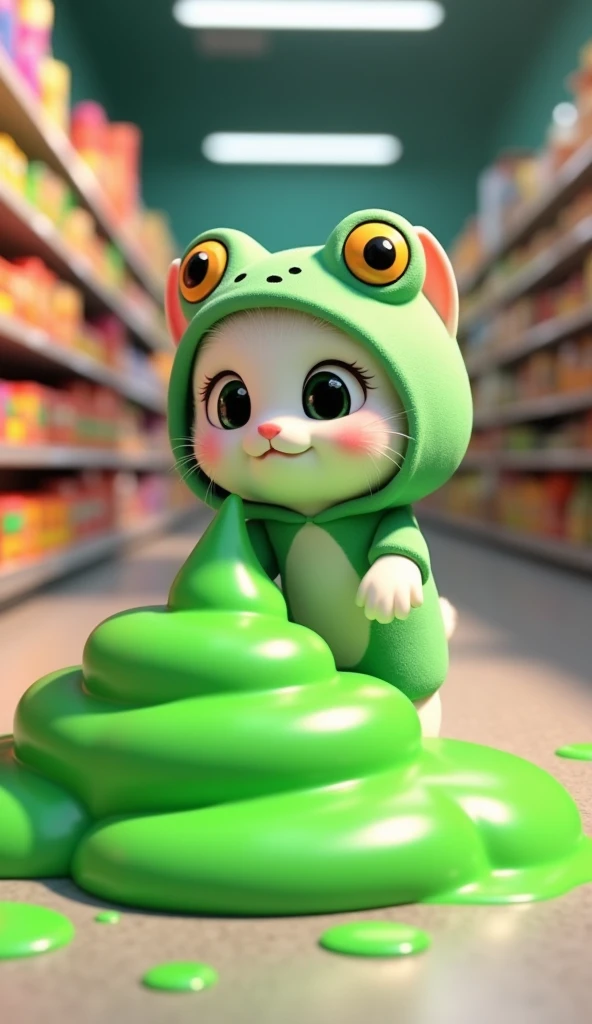 "A cute, animated white cat character standing in supermarket. The cat is wearing a green frog costume with big yellow and black frog eyes on the hood, looking curious. Next to her, there is a large pile of green slime, vibrant and glossy, spreading across...