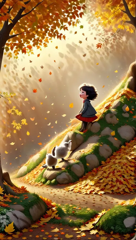 Advertising illustration, a  playing in the fall with a mound of leaves, funny and tender scene, beautiful autumn colors, UHD, Masterpiece, Accurate, Super detail, high details, high quality, Award Winning, best quality, highres, HD, 16K