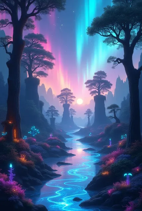 Imagine a surreal landscape where the boundaries between nature, dreams, and reality blur. Towering, otherworldly trees stretch into a sky filled with vibrant, swirling auroras. A serene river of liquid light flows through the scene, reflecting a kaleidosc...