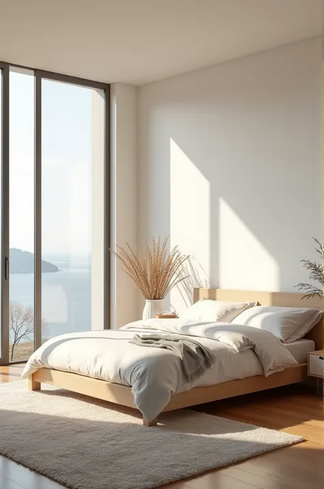 Bedroom: "A spacious bedroom with dimensions 13x14 feet, featuring large windows that allow natural light to fill the room, with minimalistic decor and a soft, light color palette."