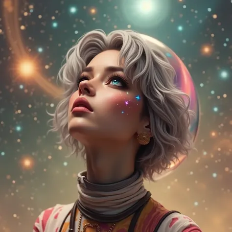 (Close-up of a better masterpiece:1.5)0.9], (Space and astronauts:1.2) (Messy silver hair:1.1) (Heterochromia xanthochromia and blue eyes:1.2) (Space Helmet:1.0) (Colored stars in the eyes:1.0) (A radiant glow:1.1) (thick lips:0.9)