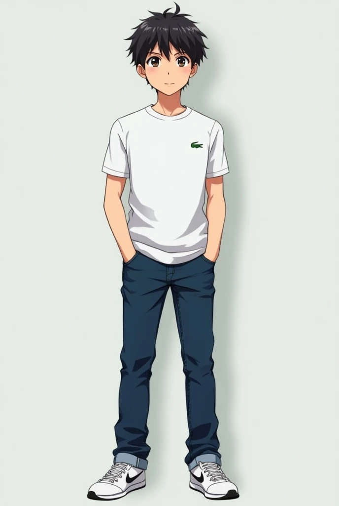  An 18-year-old boy ,  hair neither straight nor curly,  without showing the belly and chest , n very strong ,  a physique ok , Without any type of beard Nike sneakers, Lacoste shirt,  and very dark blue jeans, anime version