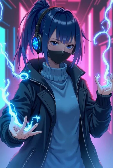 Dark blue hair girl ponytail wearing blue sweater and black jacket wearing blue sneakers and headphones and jeans and black gloves one blue eye and one black eye casting and light  magic in a dark room