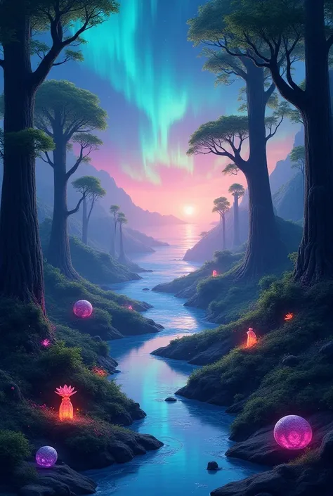 Imagine a surreal landscape where the boundaries between nature, dreams, and reality blur. Towering, otherworldly trees stretch into a sky filled with vibrant, swirling auroras. A serene river of liquid light flows through the scene, reflecting a kaleidosc...