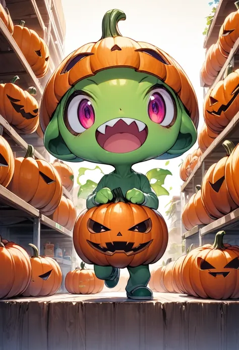 mascot character, pumpkin-shaped alien , comical touch