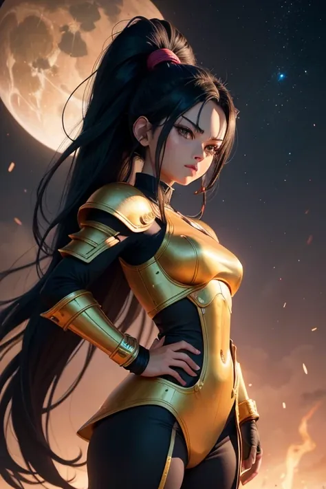 a beautiful saiyan girl,1girl, stron, thin, extremely detailed face and eyes,long black hair,monkey tail,saiyan armor,hands on hips,planet namek background,akira toriyama anime style,(best quality,4k,8k,highres,masterpiece:1.2),ultra-detailed,(anime),cinem...