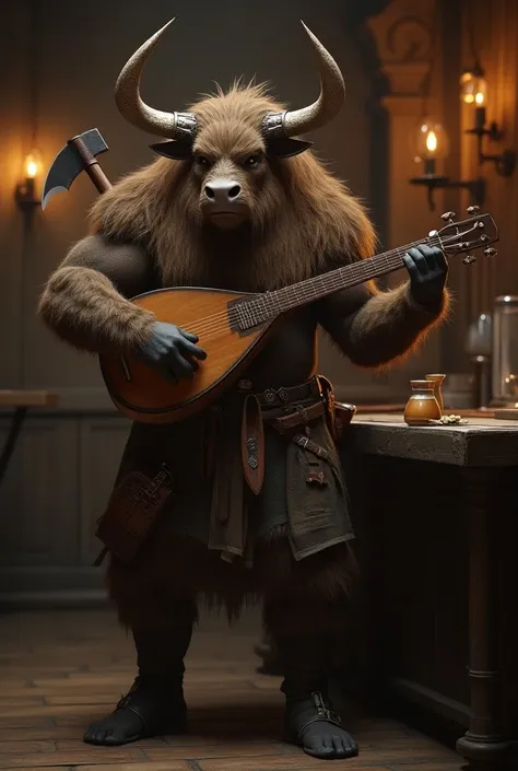 A fantasy Minotaur ranger, tall and slim athletic with medium length shaggy sandy brown hair all that covers his eyes like a highland cow, playing a medieval lute, with a giant fantasy style double great axe on his back, looking slightly happy. Inside Medi...