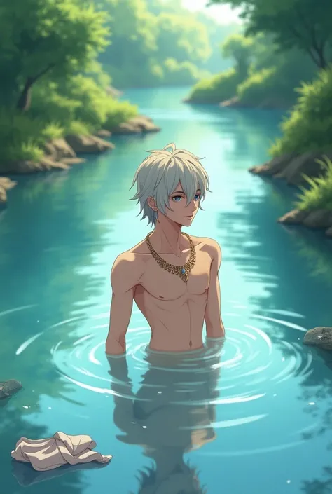 An anime prince walking by the river side and now taking bath in the river with his clothes and a necklace aside