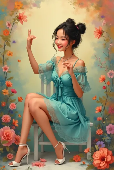 Ep.881🎊น่ารักเกินต้าน☘️🎊🎉♥️💙🩵💗🎀😘🥳
Full body a beautiful stunning Happiness Asian woman short , brown eyes,Double bun,Create an image  in a blue-green lace dress with a bow, white high-heeled shoes,  and flowery boho style blouse Raise your hand and make a ...