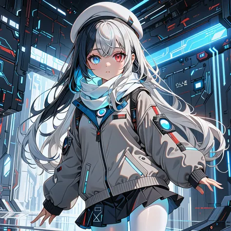 masterpiece, highest quality, highest resolution, clear_image, detailed details, white hair, long hair, 1 girl, red left eye blue right eye, gray comfy jacket, black short skirt, white scarf (around the neck with a light blue glow), white pantyhose, white ...