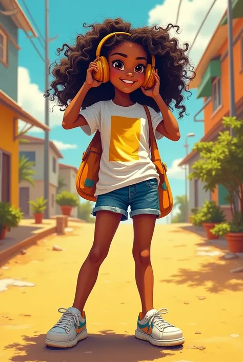 1 brazilian girl, (((Various girl face))), full body, wide angle, (((Various hair style))) (((Various eyes color))),headphones over ears,((( Various graphic t-shirt))), (((Various t-shirt color))), (((Various short color))),sneakers,artistic background,abs...