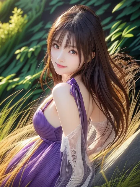 photo-realistic quality、a japanese model in a purple dress is sitting on a rock, anime girl cosplay, anime cosplay,  genshin imp...