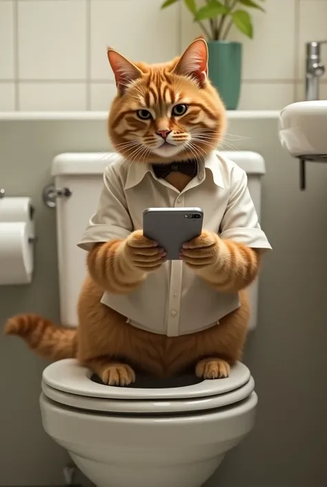 A male cat sitting on the toilet dressed and looking at the phone