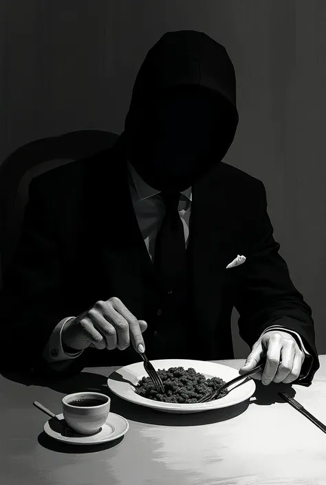 Create a black and white drawing of a person eating with cutlery 